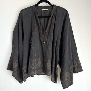 Doen‎ Marigold Black Gauze Cotton Embroidered Tie Neck Boho Blouse Top Sheer M